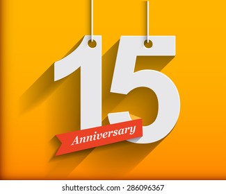 15 Anniversary numbers with ribbon. Flat origami style with long shadow. Vector illustration