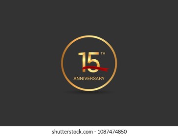 15 anniversary vector design golden color with ring and red ribbon isolated on black background