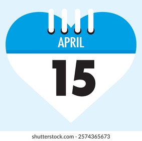 15 April calendar icon blue heart shape on light sky blue color background, calendar vector symbol for the month of April.