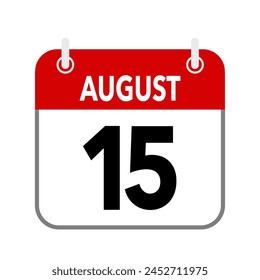 15 August, calendar date icon on white background.