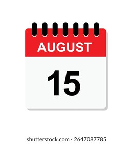 15 August, calendar icon. Calendar design vector template. Independence day of India 15 august. Vector illustration. 