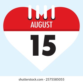 15 August calendar icon red heart shape on light sky blue color background, calendar vector symbol for the month of August.