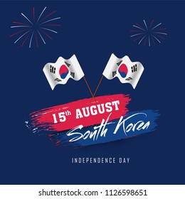 15 August celebration template or banner design with Korean national flags and abstract brush stroke for South Korea independence day.
