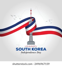 15 August celebration template or banner design with Korean national flags for South Korea independence day