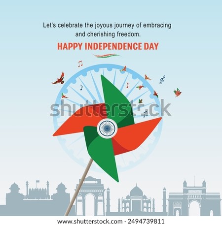 15 august, Festive image of India’s Independence Day with tricolor Famous Monuments, Freedom creative concept.