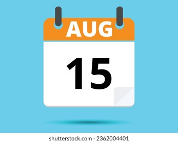 15 August. Flat icon calendar isolated on blue background. Vector illustration.