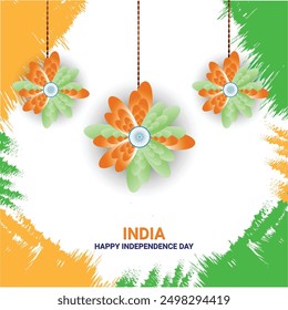 15 august greetings and poster design with triclolor flower style in white background. Happy Independence Day