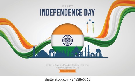 15. August - Happy Independence Day of India Banner Design. Indischer Unabhängigkeitstag mit indischen Denkmälern und Text. Berühmte indische Wahrzeichen.