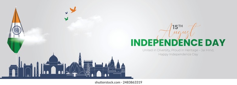 15. August - Happy Independence Day of India Banner Design. Indischer Unabhängigkeitstag mit indischen Denkmälern und Text. Berühmte indische Wahrzeichen.