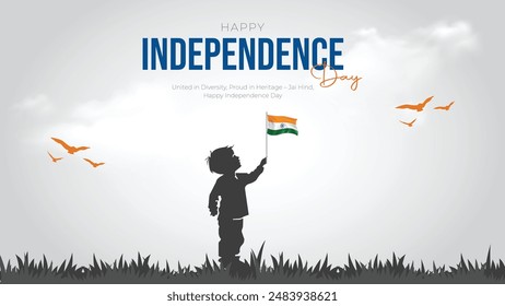 15 August - Happy Independence Day of India Banner Design. Indian Independence Day Celebration with Indian monuments and Text. kids holding flag silhoutte.