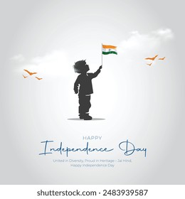 15 de agosto - Feliz Día de la Independencia de la India Diseño de Anuncio. Celebración del Día de la Independencia de la India con monumentos y texto indios. Niño sostiene silueta de bandera.