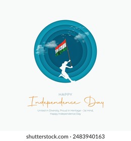 15 de agosto - Feliz Día de la Independencia de la India Diseño de Anuncio. Celebración del Día de la Independencia de la India con monumentos y texto indios. Niño sostiene silueta de bandera.