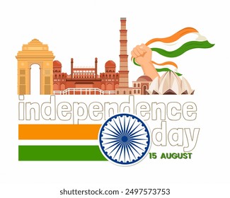 15 august happy independence day of india celebration with indian flag waves famous indian landmarks with ashoka chakra