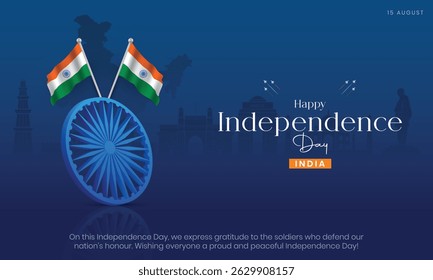 15 August - Happy Independence Day India Banner and Greeting Card. Independence Day of India Celebration with Ashoka Chakra and Indian Flag