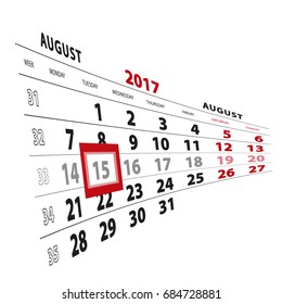 15 August highlighted on calendar 2017. Week starts from Monday. Vector Illustration.