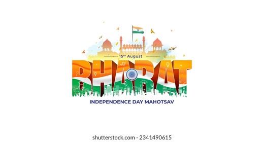 15 de agosto, concepto del Día de la Independencia de la India. El panorama urbano inteligente con los monumentos de la india y el texto 3d de Bharat. Celebración de la libertad con bandera tricolor india y antecedentes patrióticos.