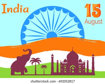 15 August Independence Day in India holiday poster with national flag, Asian elephant, tall palms and Taj Mahal silhouettes vector illustrations.