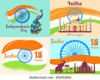 15 August Independence Day in India posters with national flag and country animalistic and architectural symbols vector illustrations.