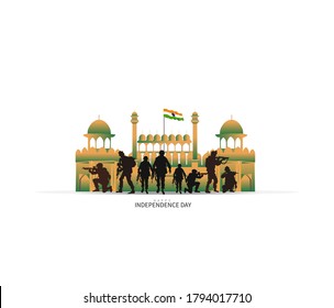 15 august. India independence day celebration background. with soldier silhouettes. Greeting card and poster Design. Vector illustration - Vector