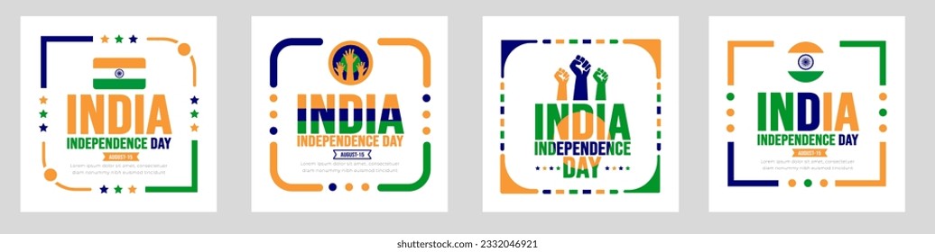 15 de agosto Día de la Independencia de la India, publicación de banner o diseño de stickers tempalte set. Concepto de vacaciones. plantilla de diseño de fondo, cartel, cartel, tarjeta y afiche con inscripción de texto