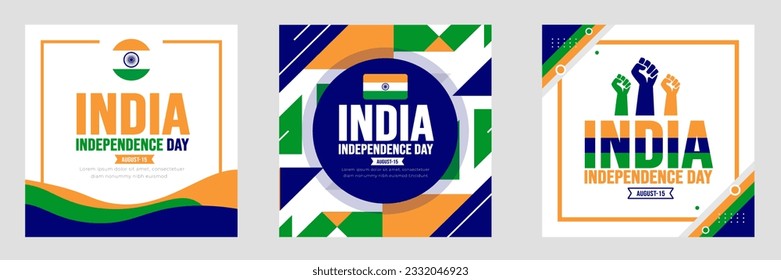 15 de agosto Día de la Independencia de la India, publicación de banner o diseño de stickers tempalte set. Concepto de vacaciones. plantilla de diseño de fondo, cartel, cartel, tarjeta y afiche con inscripción de texto