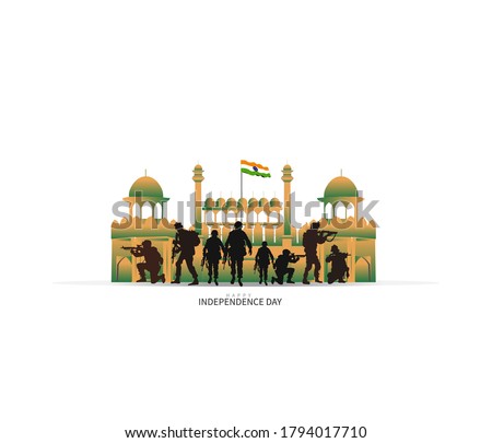 15 august. India independence day celebration background. with soldier silhouettes. Greeting card and poster Design. Vector illustration - Vector