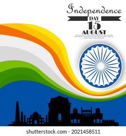 15 August. Indian independence day celebration background. Greeting card and poster Design. Vector illustration.
