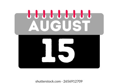 15 de agosto Mes Vector de un solo día, ilustración, calendario con ceniza, negro, rojo y blanco Icono de calendario de fondo de color del 15 de agosto