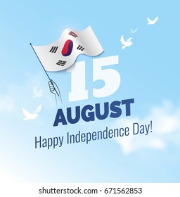 15 August. South Korea Independence Day greeting card. Celebration background with  waving flag and blue sky. Vector illustration