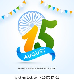 15 August Text with Ashoka Wheel and Bunting Flags Decorated on Glossy Background for Happy Independence Day.