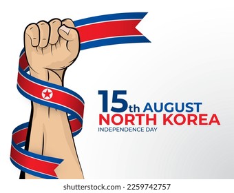 15 August. Vector illustration of Happy Independence Day greeting card for the country of North Korea with clenched fists and a flag ribbon. Use for banners on a white background.