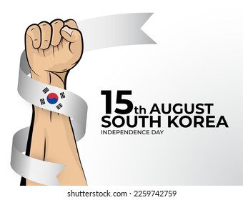 15 August. Vector illustration of Happy Independence Day greeting card for the country of South Korea  with clenched fists and a flag ribbon. Use for banners on a white background.