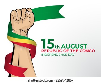 15 de agosto. Imagen vectorial de la tarjeta de felicitación del Día de la Independencia para el país de la República del Congo con puños apretados y una cinta de bandera. Usar para banners en fondo blanco.