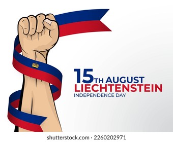 15 August. Vector illustration of Happy Independence Day greeting card for the country of Liechtenstein with clenched fists and a flag ribbon. Use for banners on a white background.