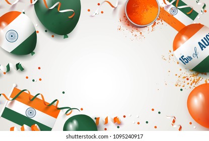 15 August.India independence day celebration background with balloons, flag and holi powder. Festive frame flat lay. Vector illustration
