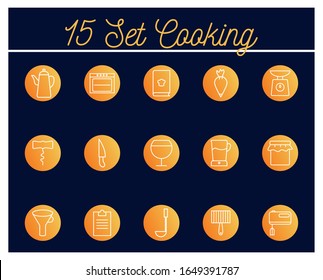 15 block style icon set design, Cook kitchen Eat food restaurant home menu dinner lunch cooking and meal theme Vector illustration