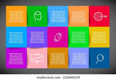 15 blocks horizontal infographic in bright colors with shadows and light in the background