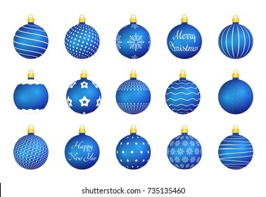 15 Blue Christmas balls with different textures, vector eps10 illustration