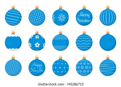 15 Blue Christmas balls with different textures, flat style, vector eps10 illustration