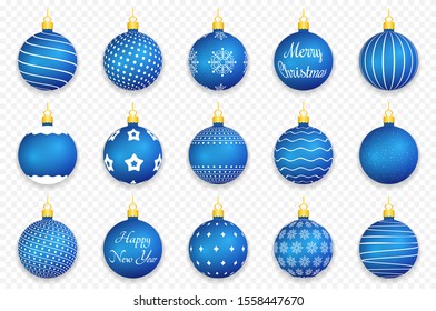 15 Blue Christmas balls with shadows on transparent background, vector eps10 illustration