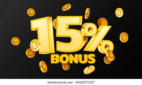 15% bonus. Falling golden coins. Cashback or prize concept. Vector illustration