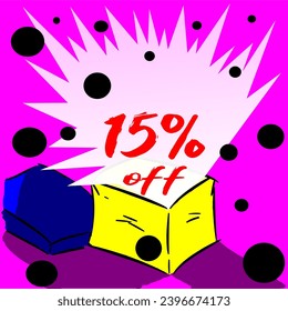 15% box releasing discount for sale, illustration, yellow, blue, purple, white, red and black