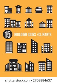 Conjunto de Vectores de 15 iconos de edificios: ciudad moderna, oficina, departamento y Colección Clipart de arquitectura