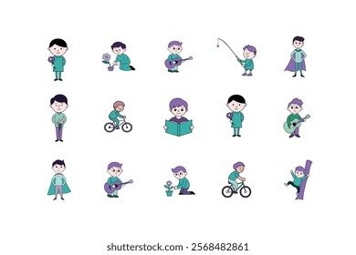 15 bundle templet of Boy Cartoon Character Icon Set Various Activities, Vector Illustration, Line Art, Silhouettes, and Clipart
