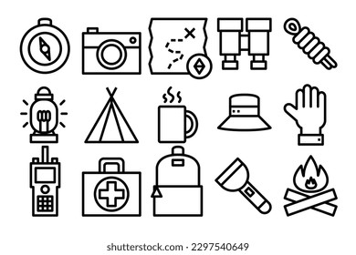 15 camping icons set. Traveling elements