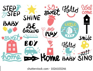 15 children s logo with handwriting Little, Hi, Step by, Smile, Hello baby, Sing, Shine, Welcome, Sweet home, Boy, Be brave Lets play Kids background Poster Emblem