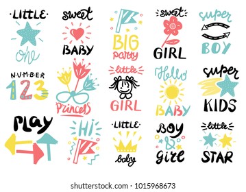 15 childrens logo with handwriting Little one, Girl, Hi, Princess, Sweet baby, BIG Party, Number, Super, Star. Kids background. Poster Emblem