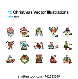 15 Christmas Lineal Color Vector Illustrations
