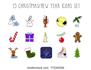 15 Christmas/New Year icons set in color. Web, website, app, interface, background, elements, pattern, festive vector design, shopping, symbols, signs, interface, Xmas theme.