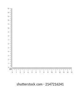 15 cm corner ruler scale isolated on white background. Measuring tool template with centimeters and millimeters markup and numbers on vertical and horizontal lines. Vector graphic illustration